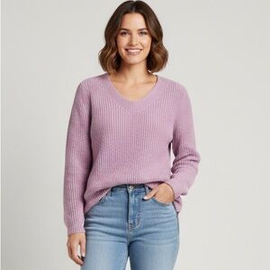 LLBean Cotton Chunky Oversized Knit Vneck Pink‎ Cozy Sweater